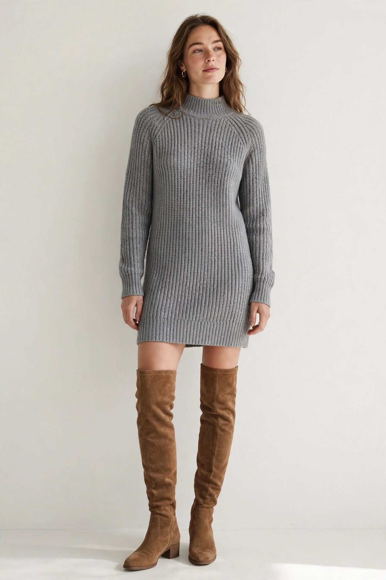 Gray knit sweater dress with over-the-knee boots