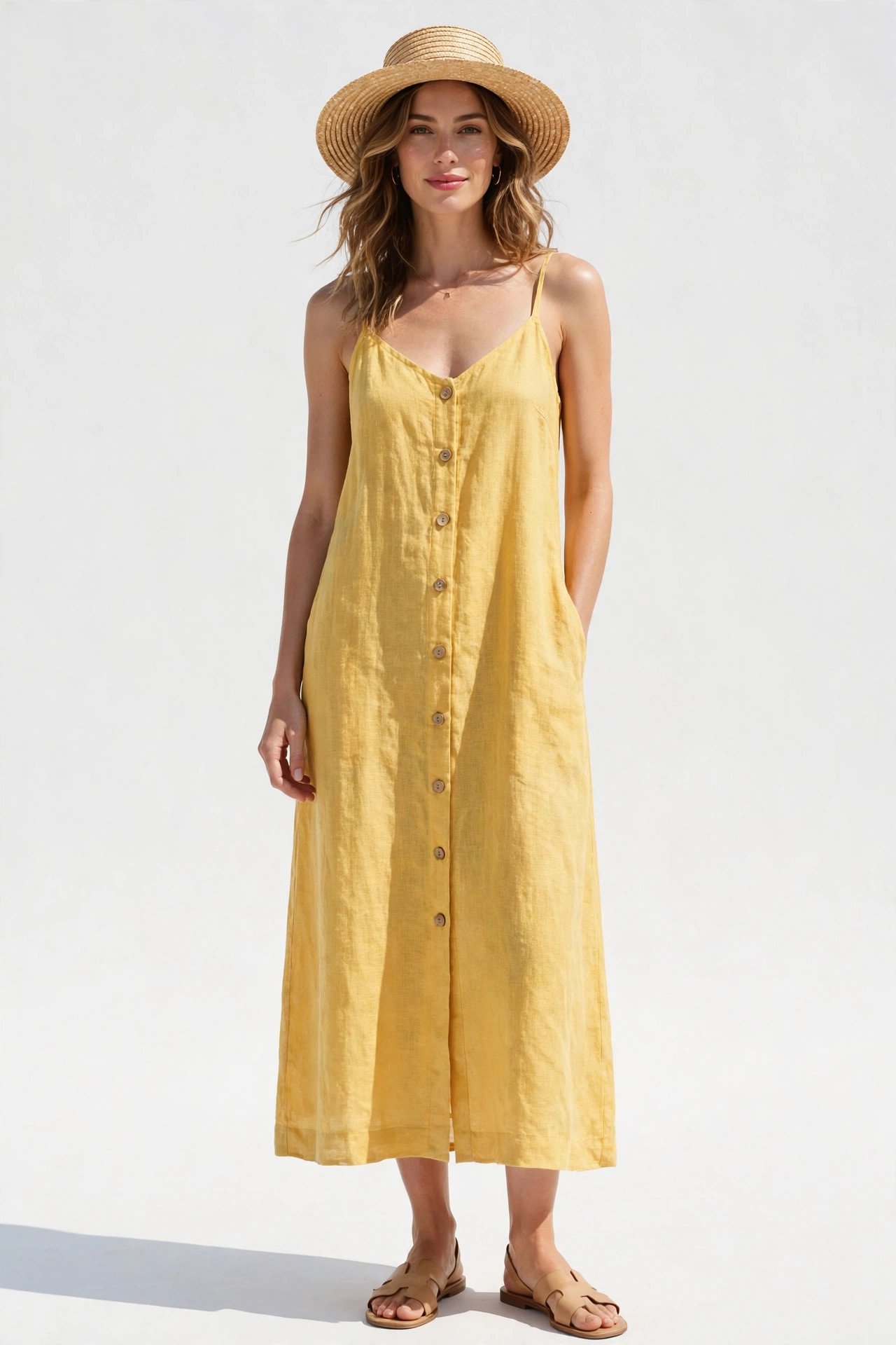 Yellow linen sundress with straw hat