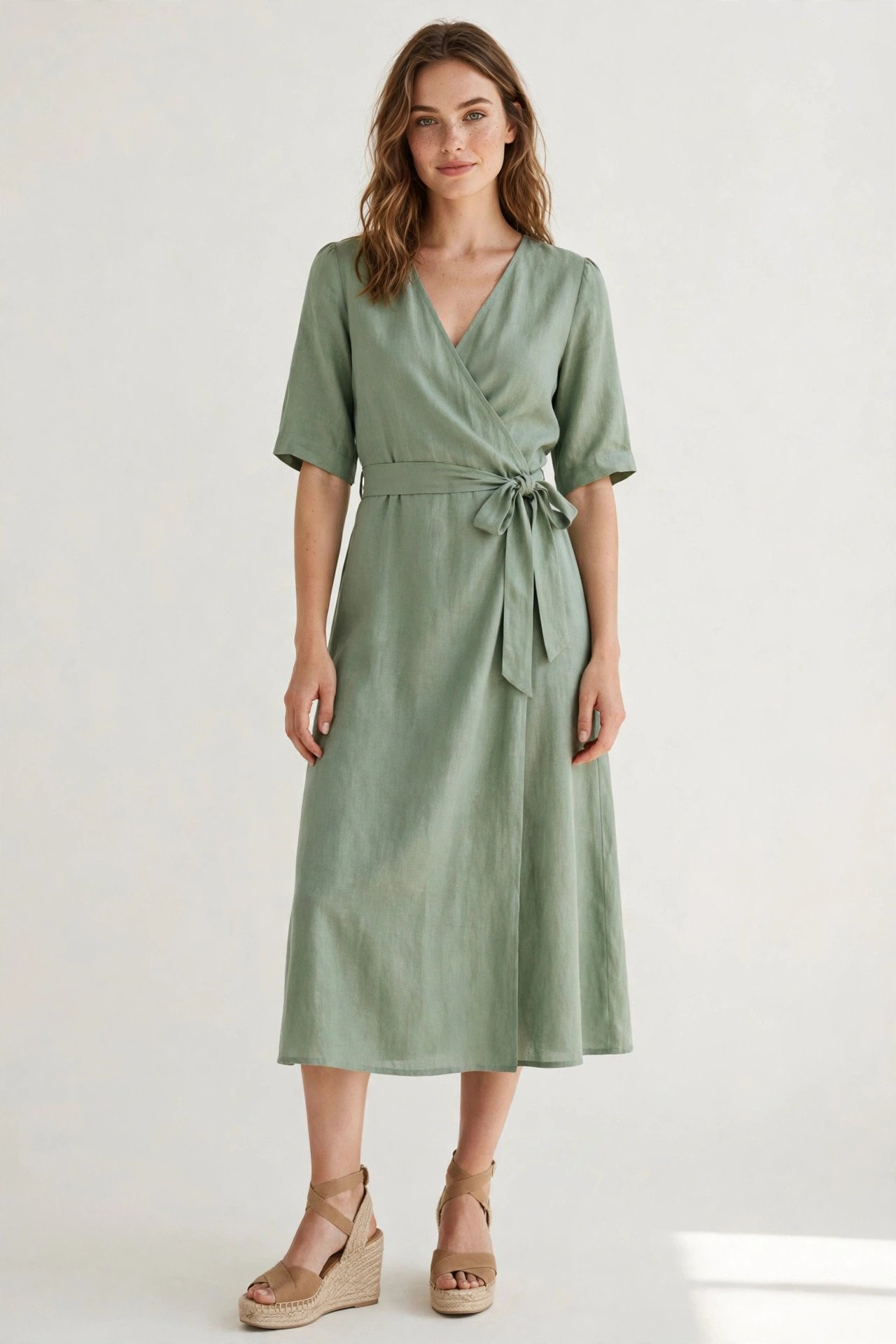 Green wrap dress with espadrilles