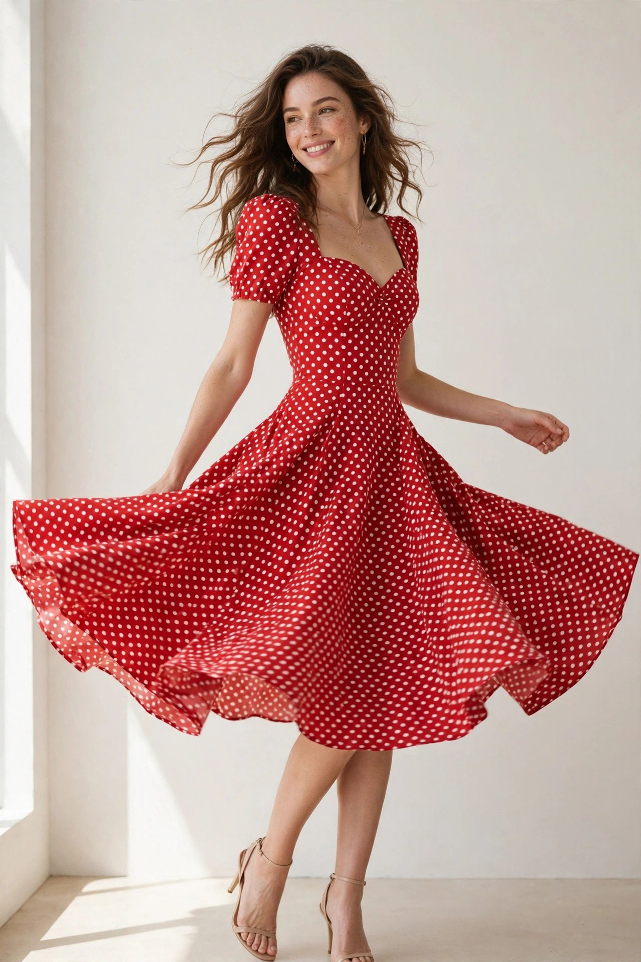 Red polka-dot fit-and-flare dress