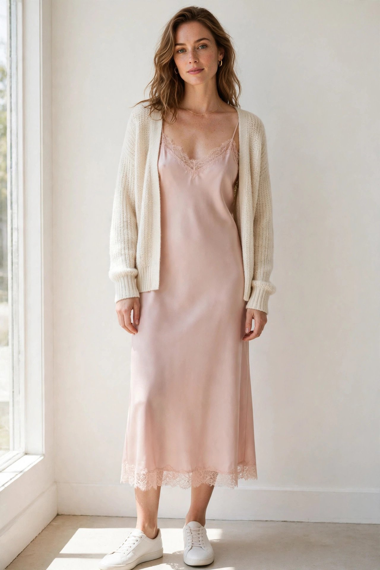 Blush pink slip dress with cardigan