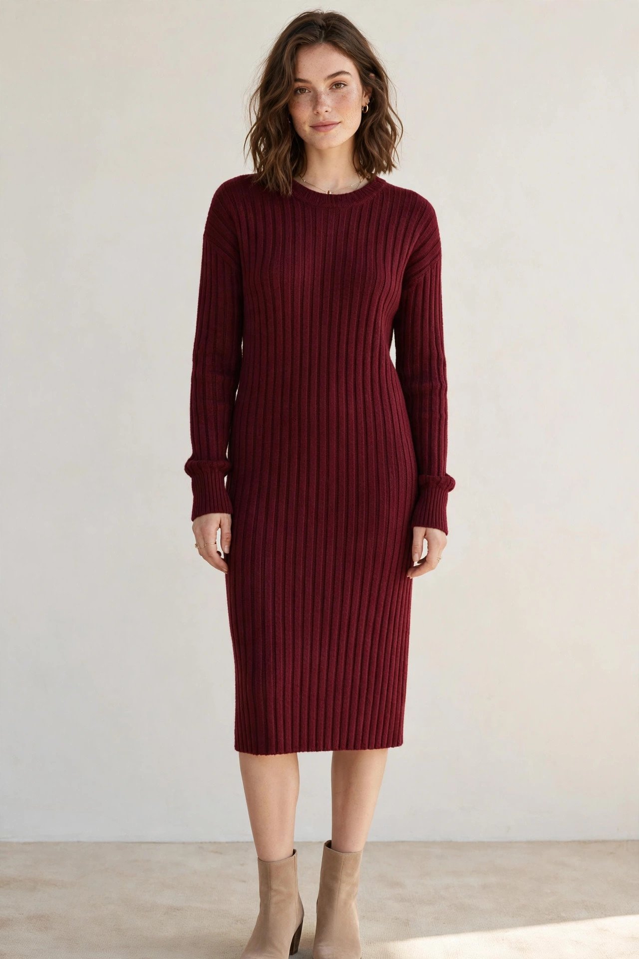 Burgundy ribbed sweater dress