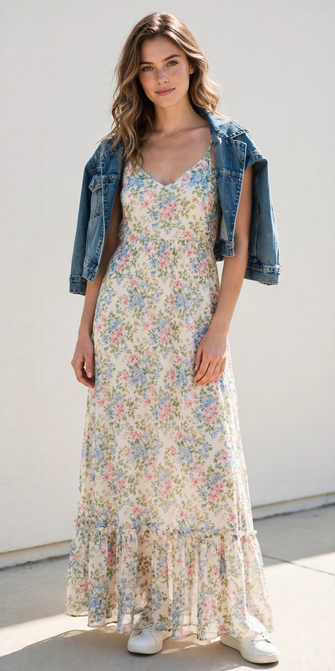Floral maxi dress with denim jacket
