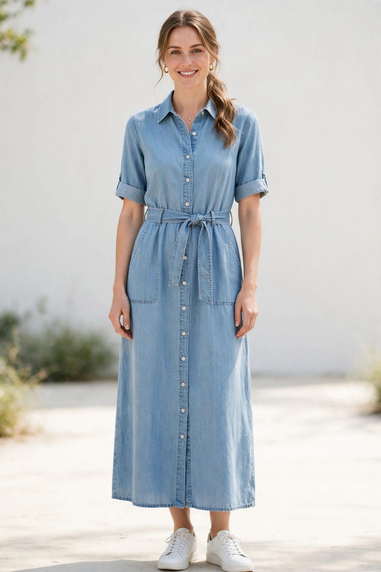 Chambray button-front dress with belt