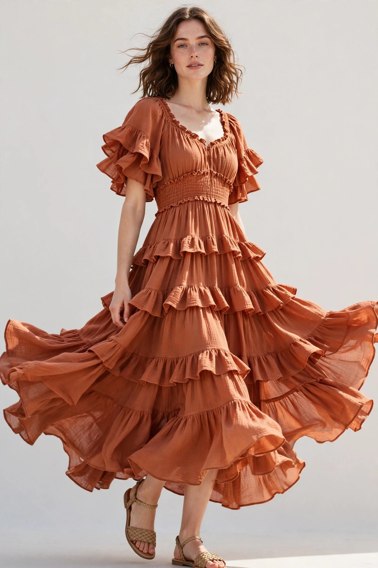 Terracotta tiered babydoll dress