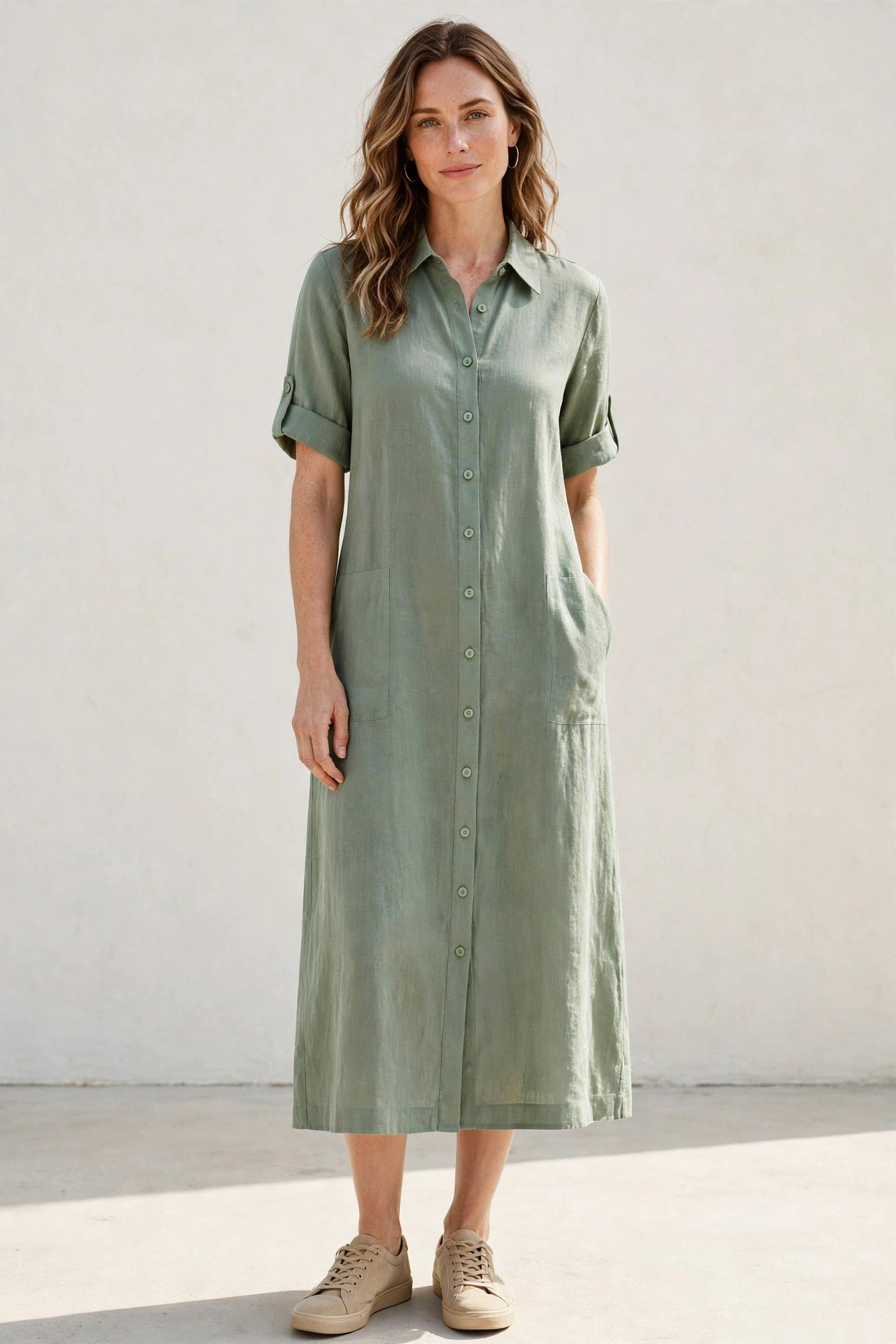 Sage green midi shirt dress