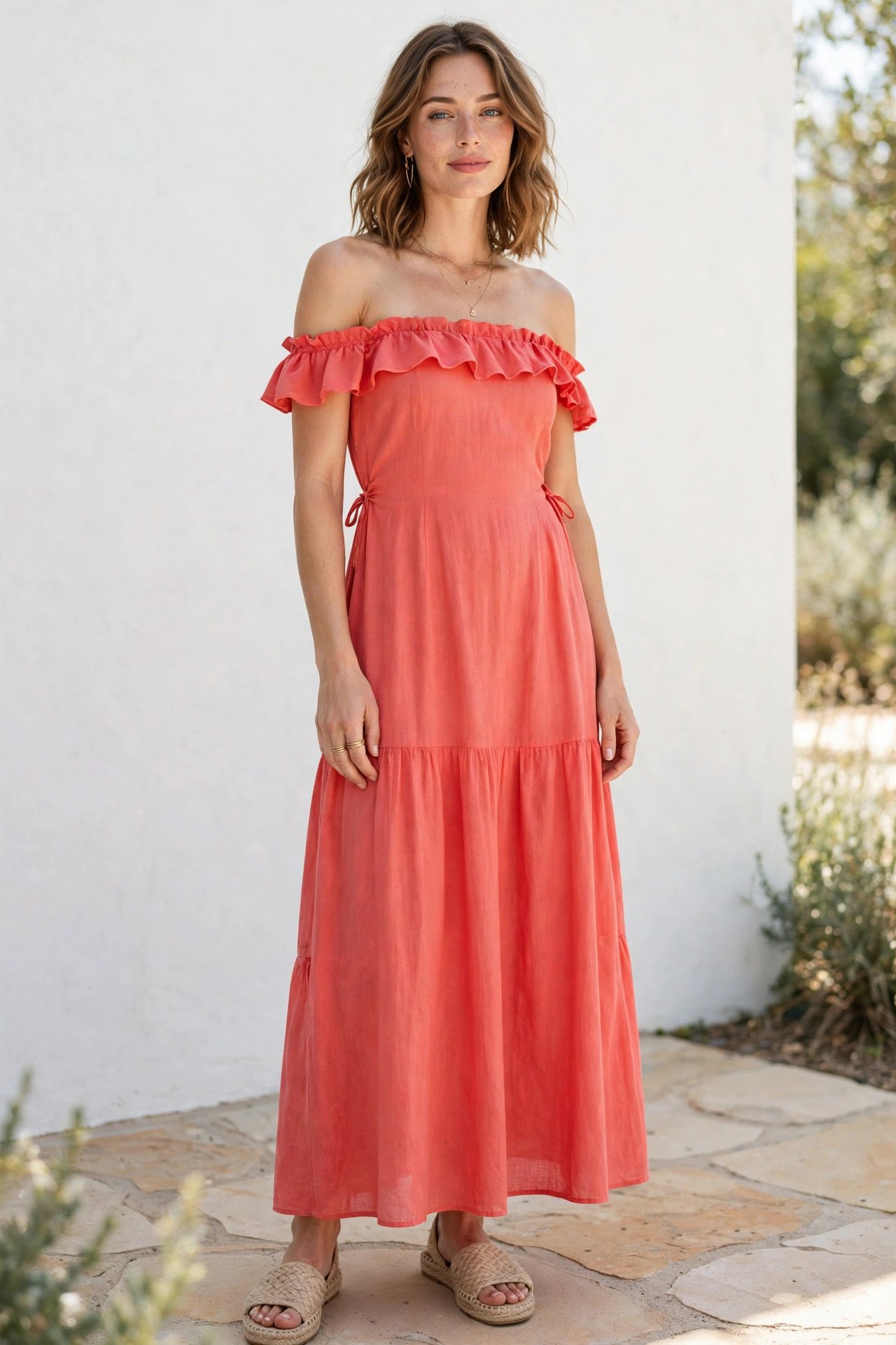 Coral off-shoulder sundress