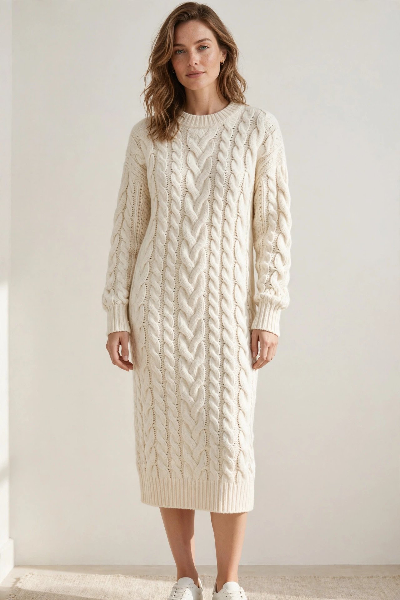 Cream cable-knit sweater dress