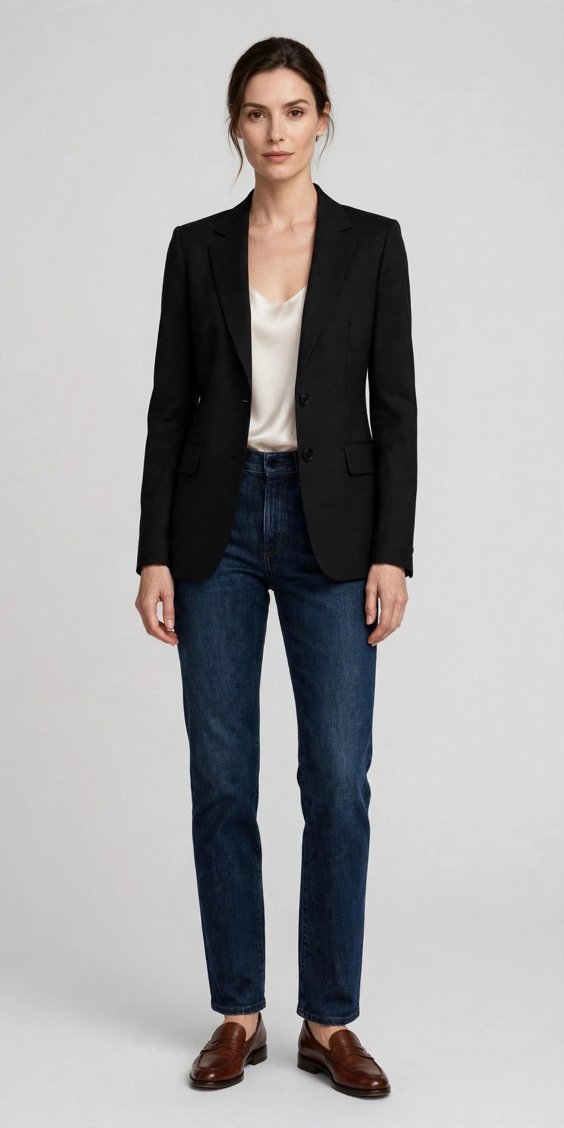 Woman wearing dark wash jeans with a black blazer and loafers for the office