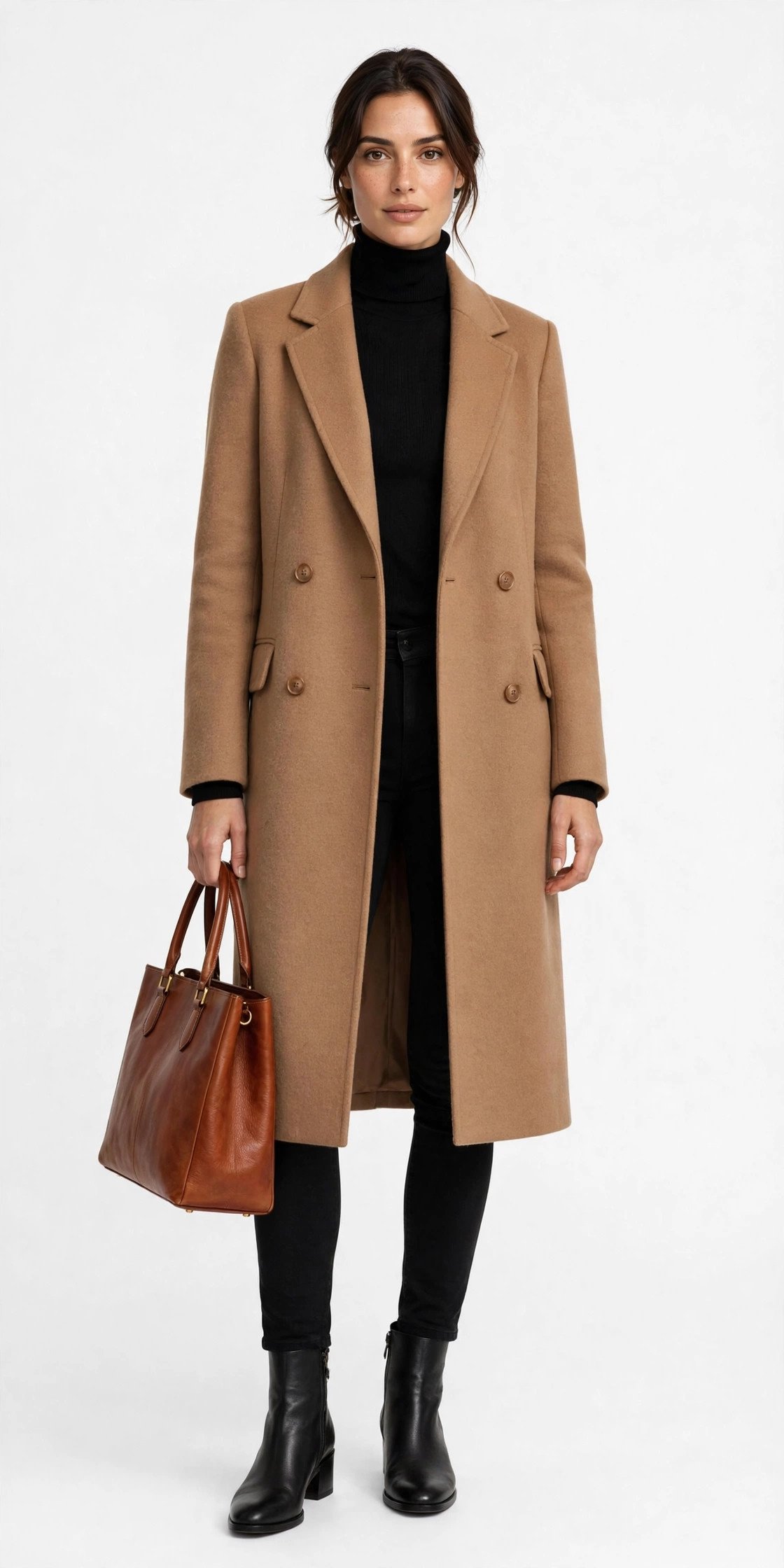 Woman wearing black skinny jeans and a camel coat