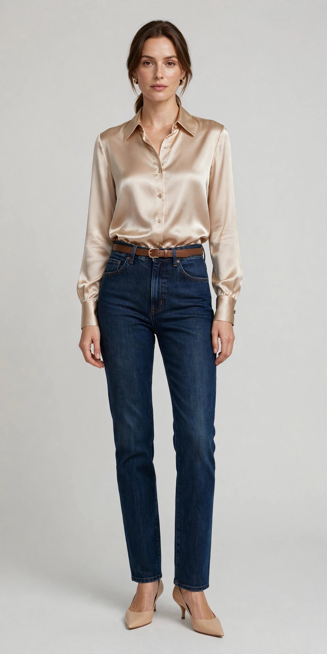 Woman wearing mom jeans with an elegant silk blouse