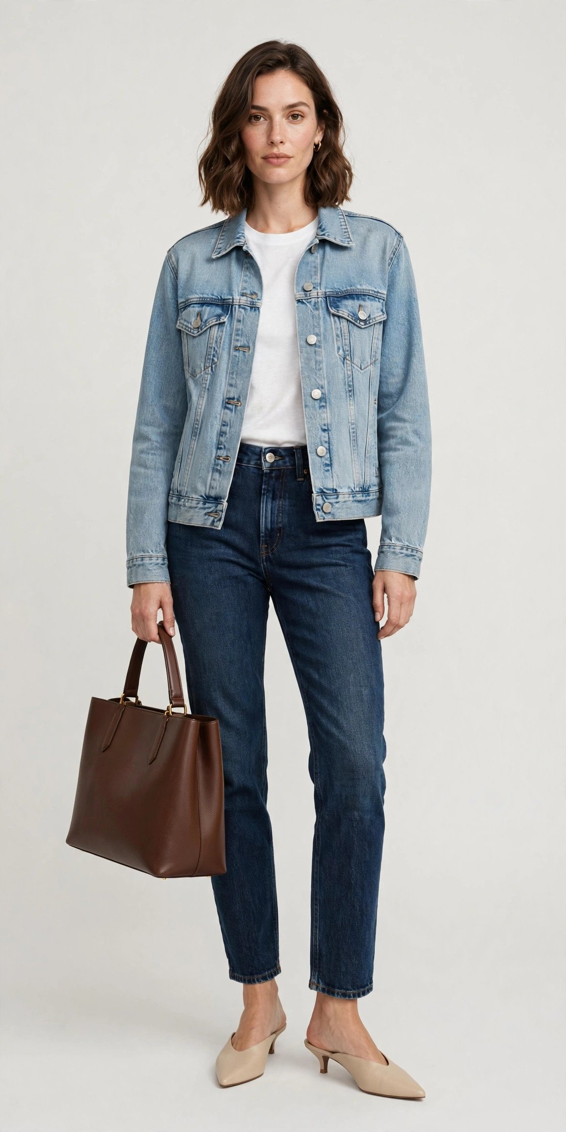 Woman wearing a double denim outfit with a denim jacket and dark jeans
