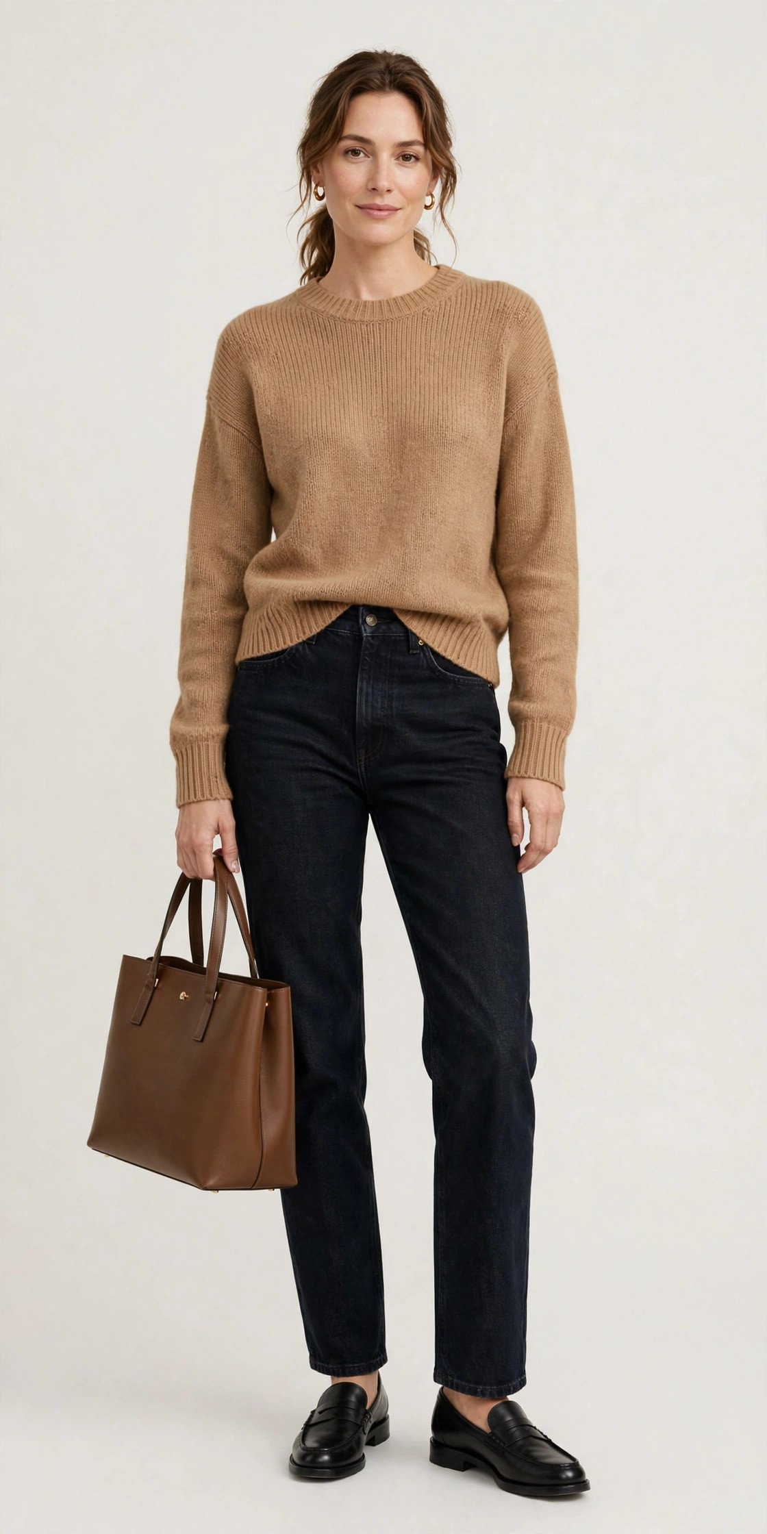 Woman in high-rise jeans carrying a structured handbag