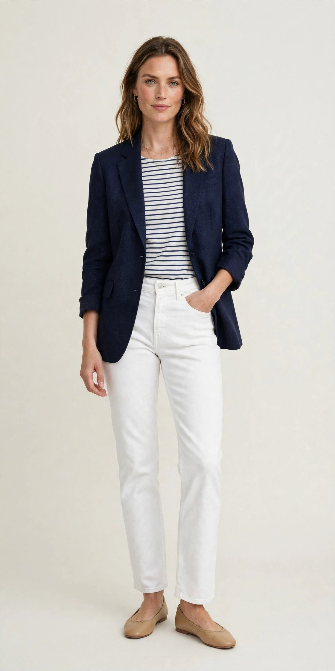 Woman in white jeans and a navy blazer