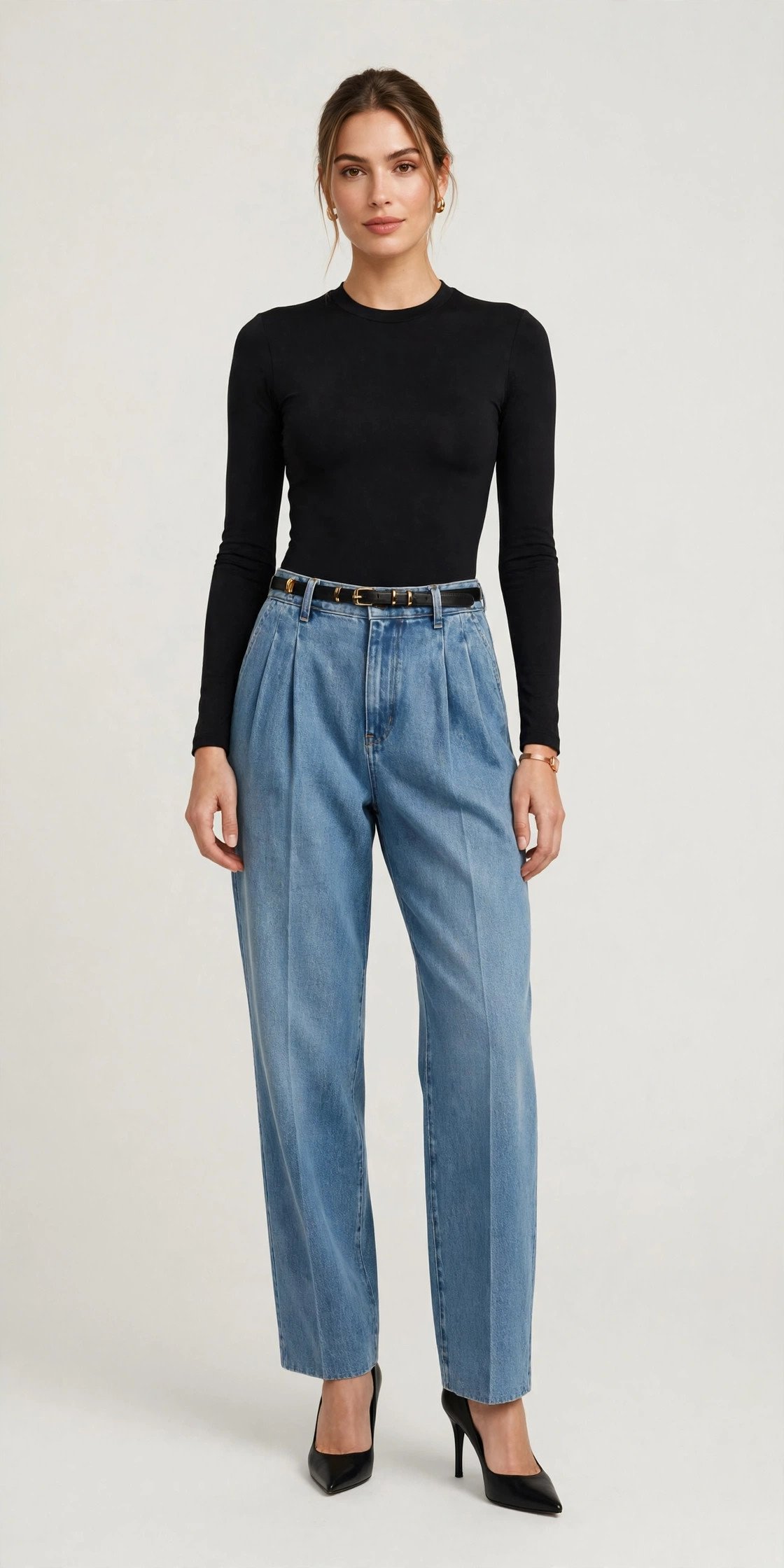 Woman in trouser-style jeans and a black bodysuit