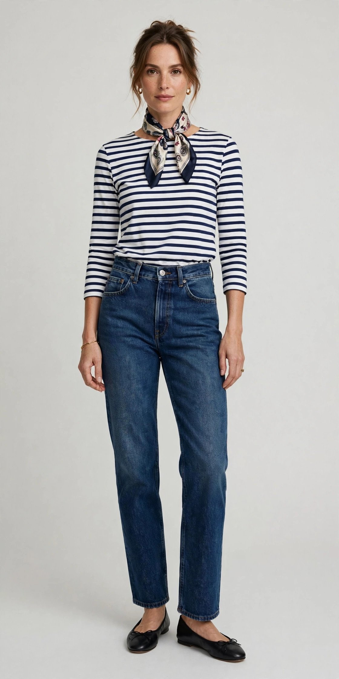 Woman in straight-leg jeans and ballet flats in a Parisian-inspired outfit