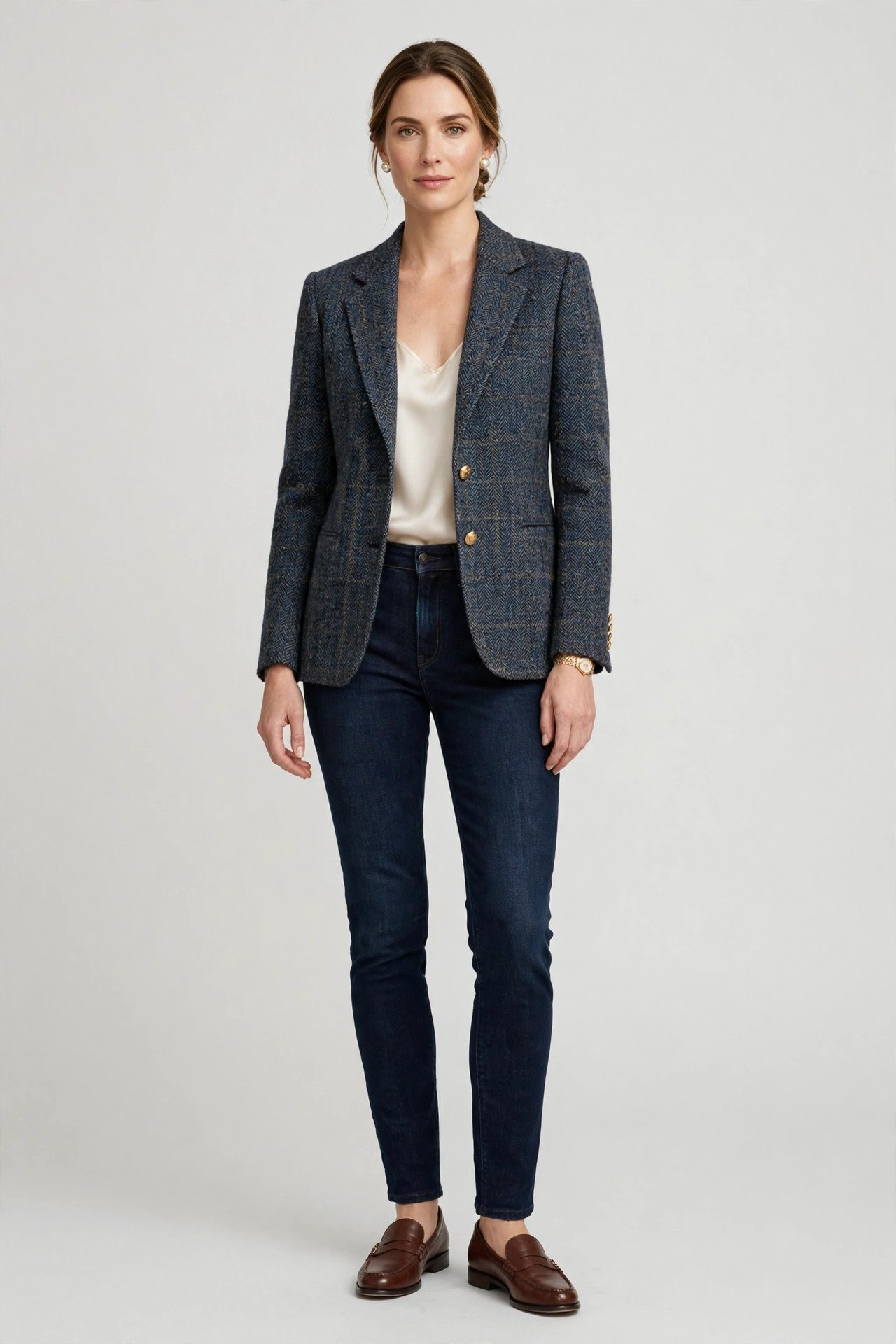Woman in dark indigo jeans with a classic tweed blazer