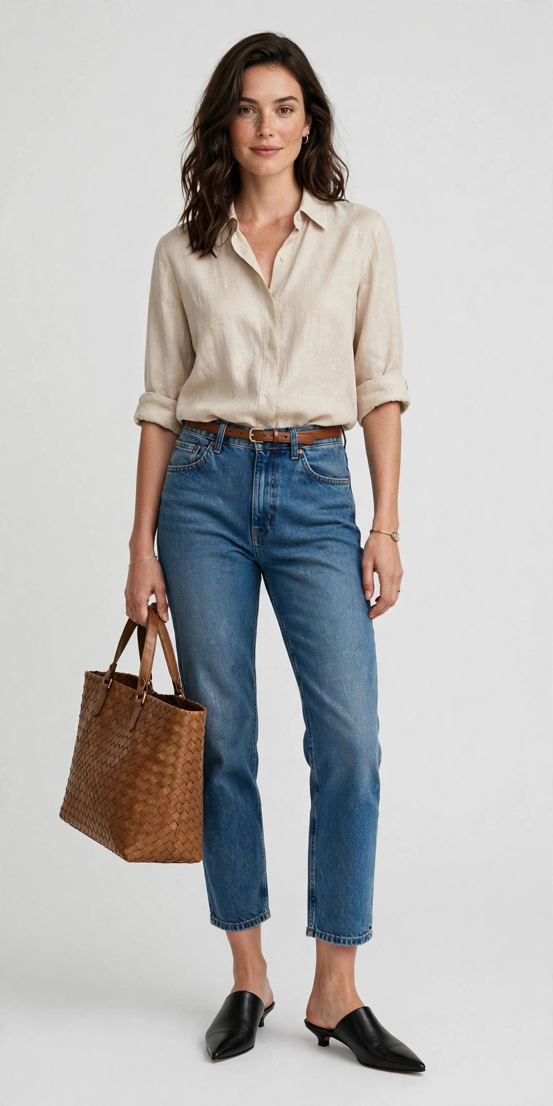 Woman in cropped jeans and mules in summer street style