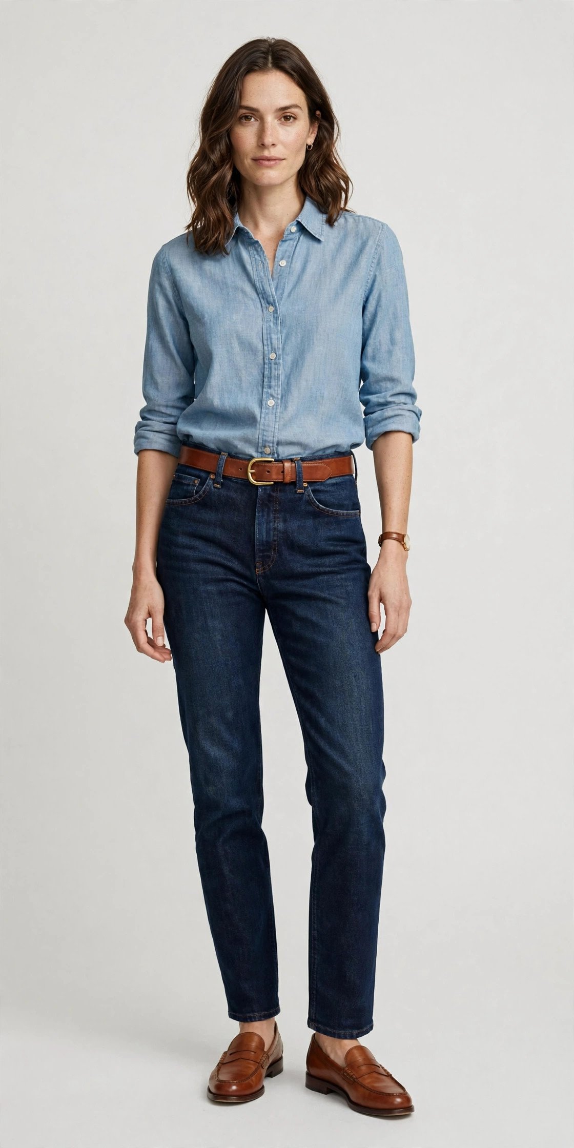 Woman wearing a chambray shirt with jeans for a casual work outfit