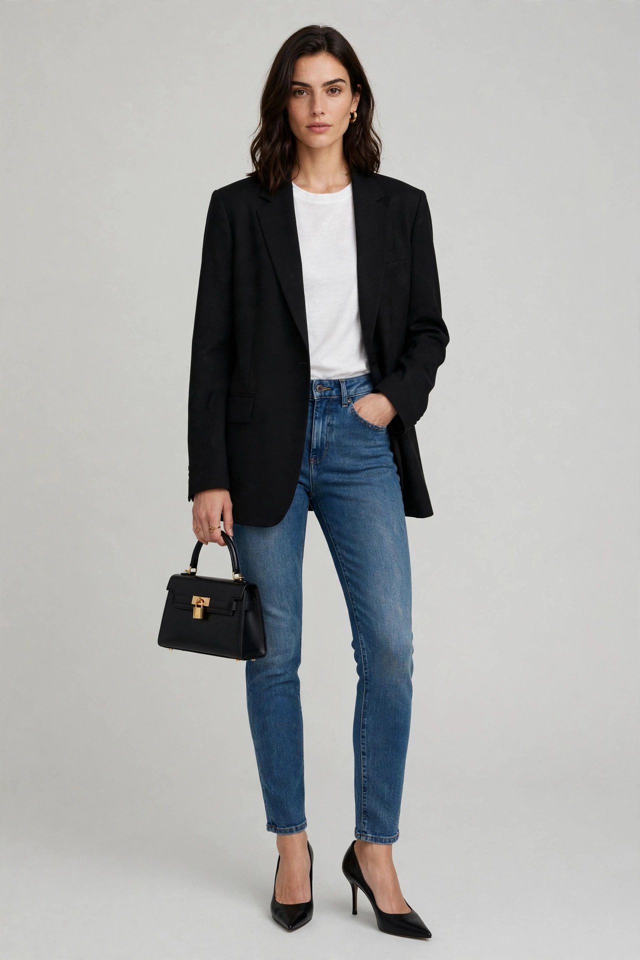 Woman in an oversized blazer with slim boyfriend jeans