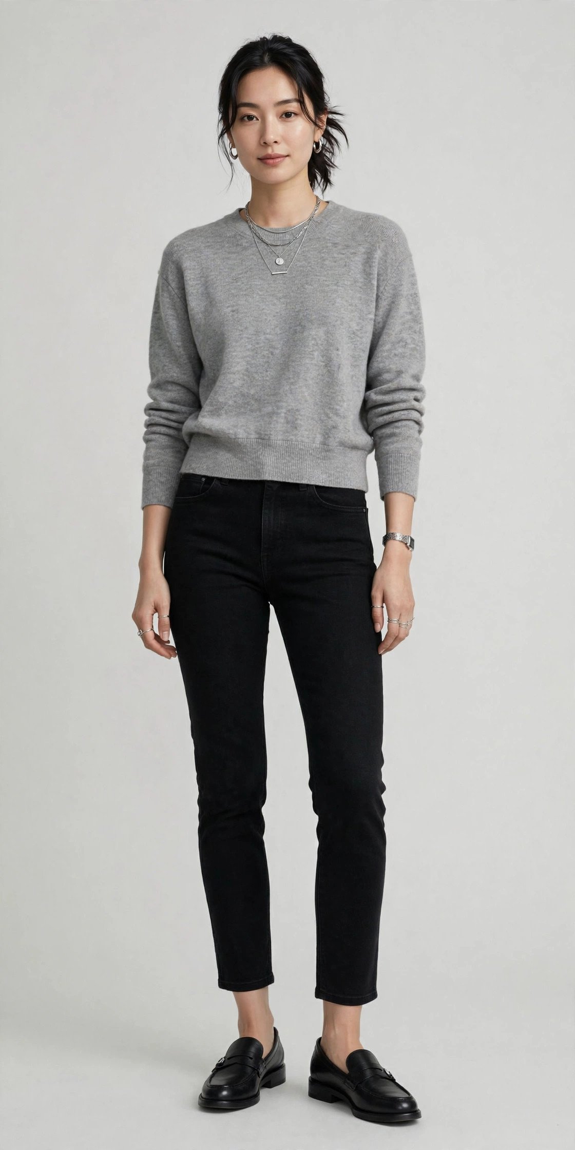 Woman in black jeans and a gray crewneck sweater in a minimalist outfit