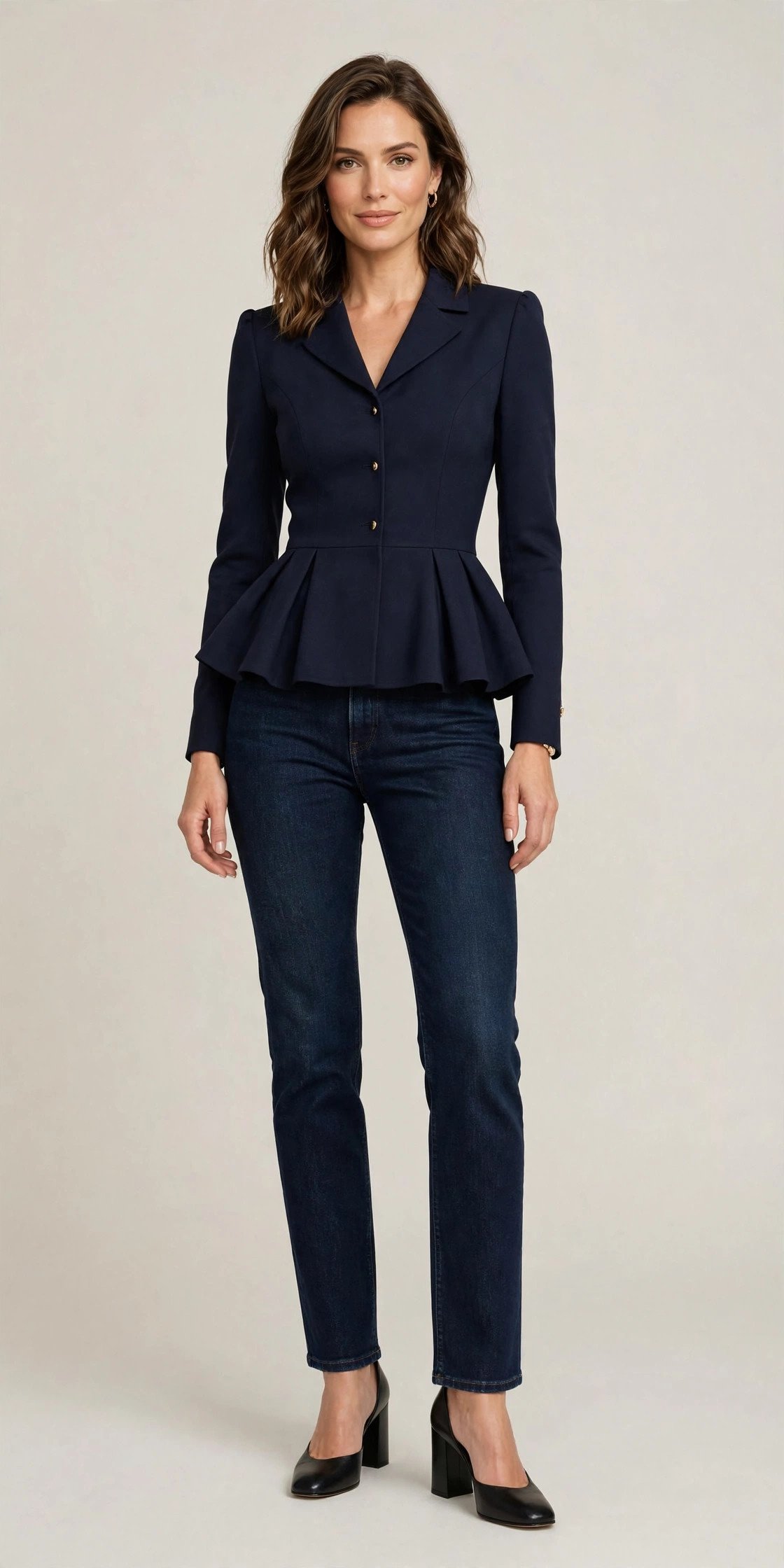 Woman in high-waisted jeans with a feminine peplum top