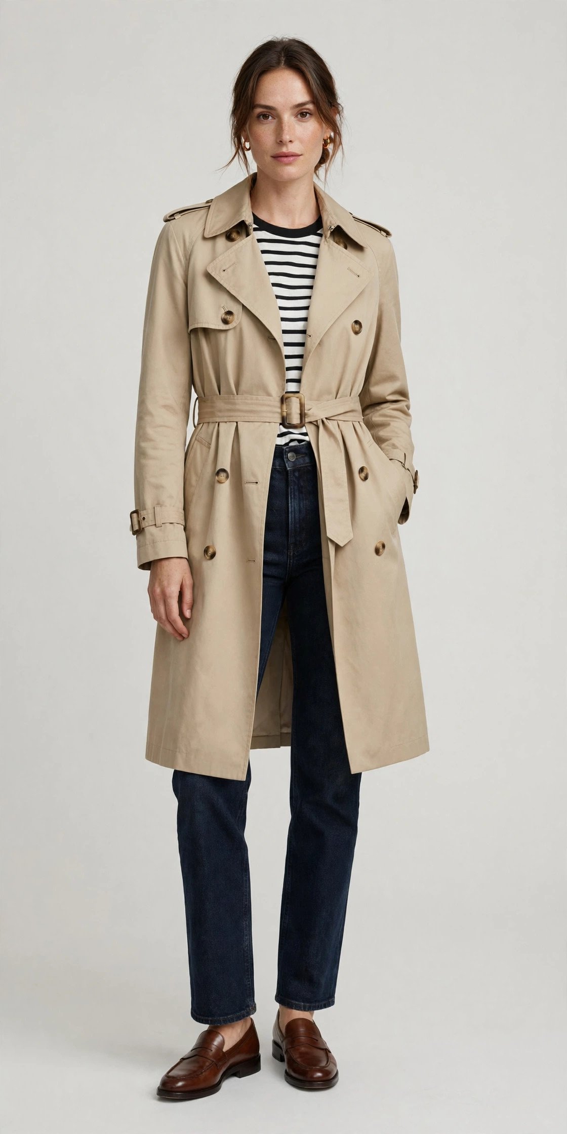 Woman in jeans and leather loafers with a classic trench coat