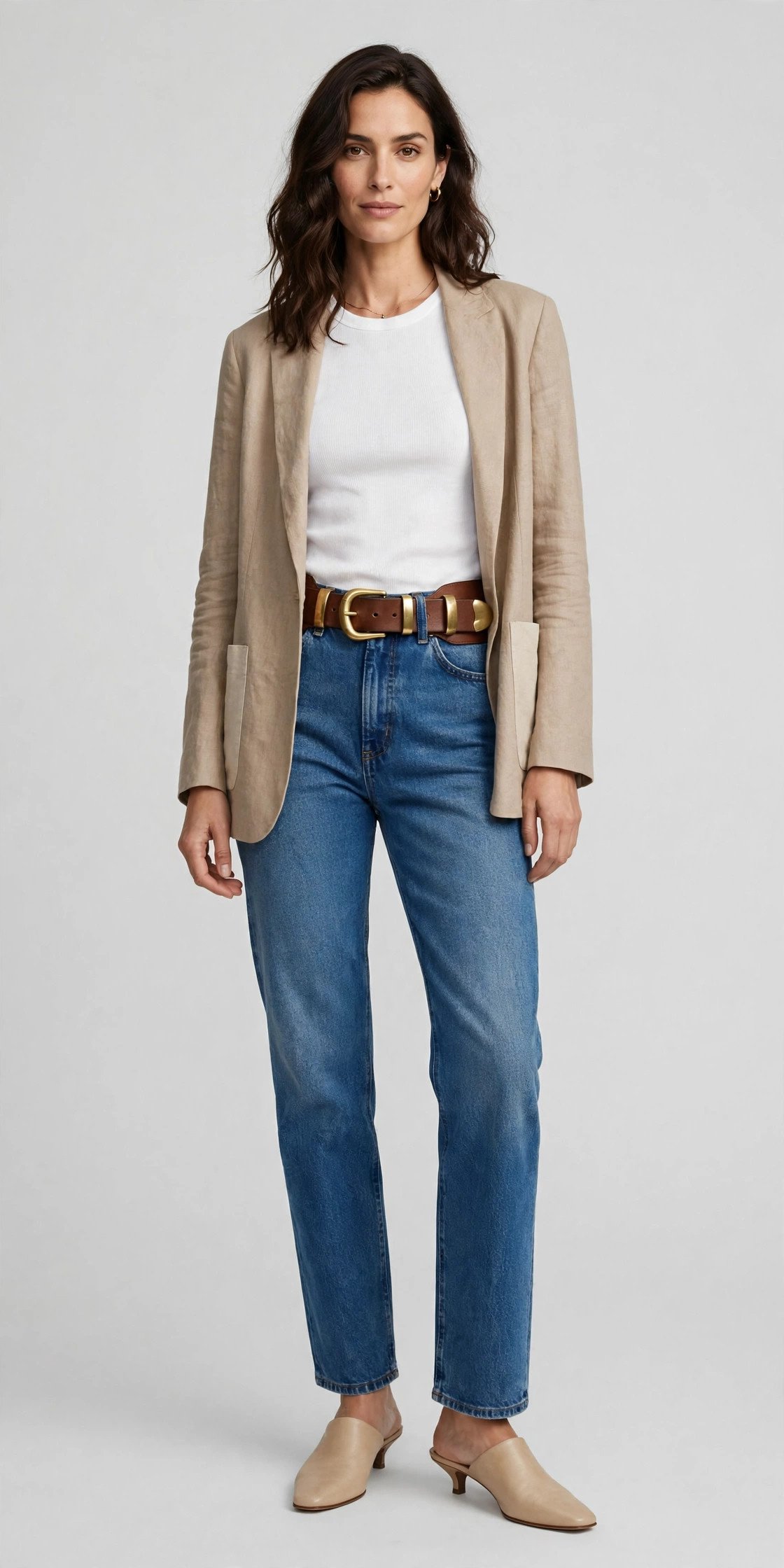 Woman in straight jeans and a blazer with a statement belt