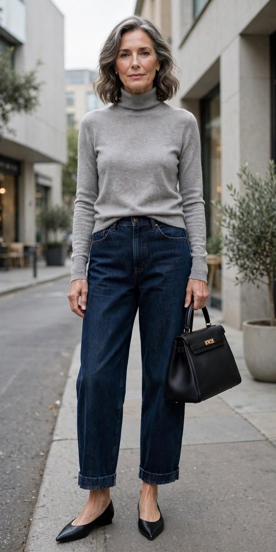 Older woman in grey turtleneck sweater