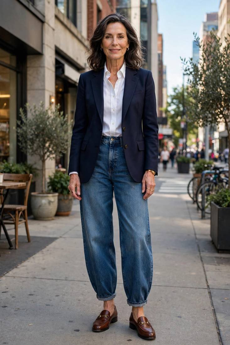 Mature woman in navy blazer and jeans