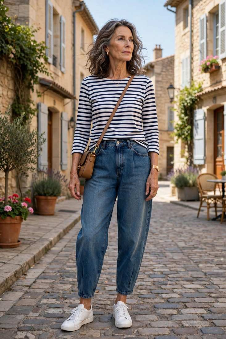 Woman in striped Breton shirt and jeans