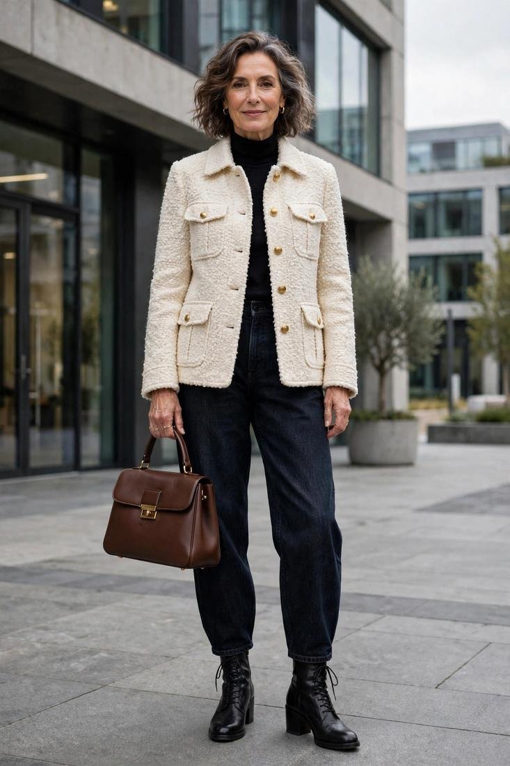 Woman in tweed jacket and dark jeans