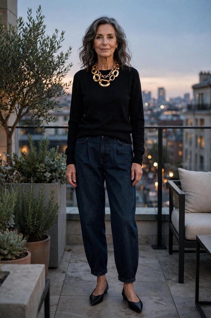 Woman wearing gold chain necklace with black top