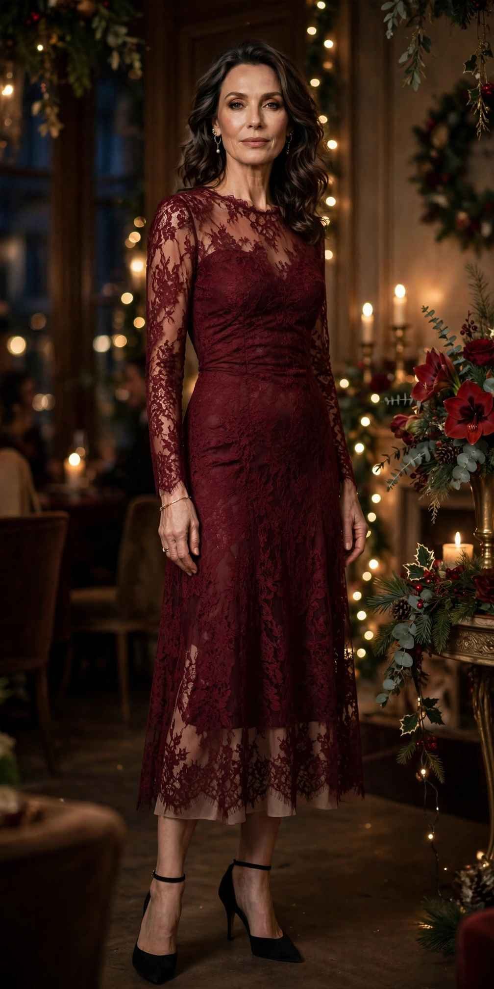 Elegant woman in lace against burgundy background