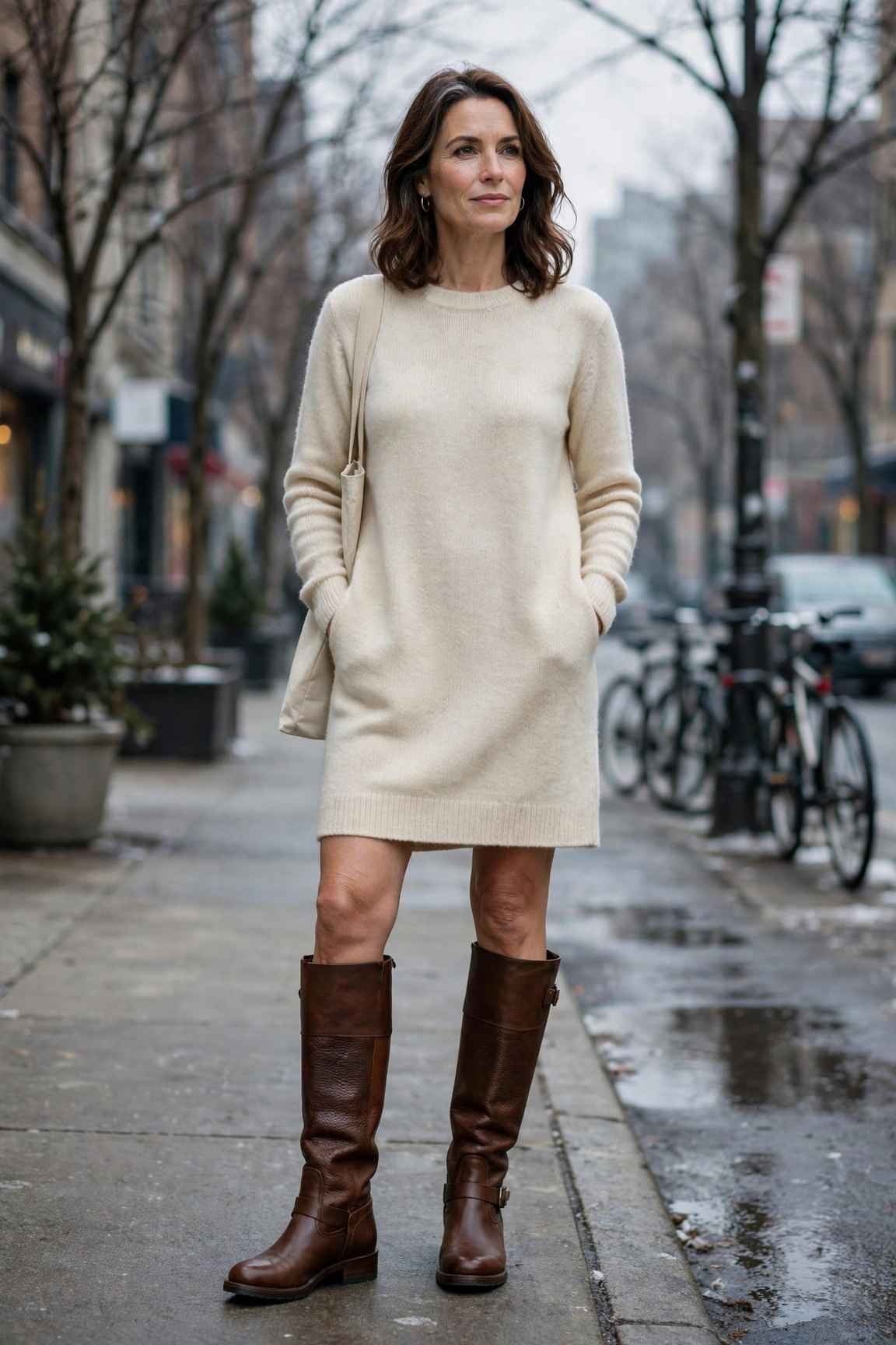 Close-up of brown leather heeled boots with jeans