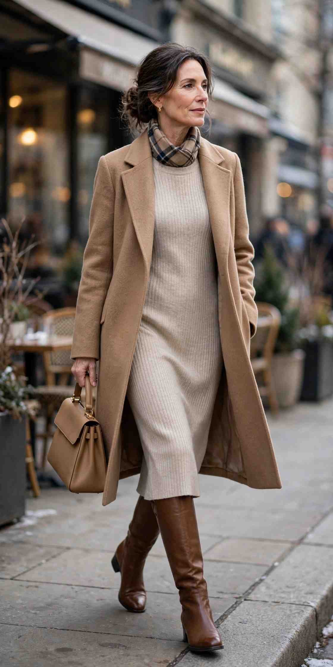 Woman in camel coat and ribbed knit dress
