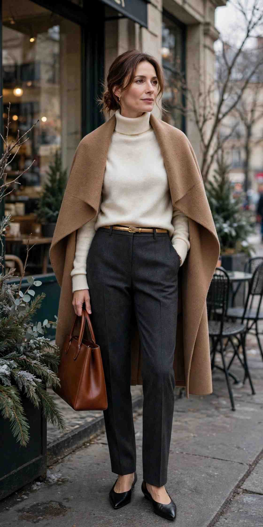 Woman in cream turtleneck and tailored trousers