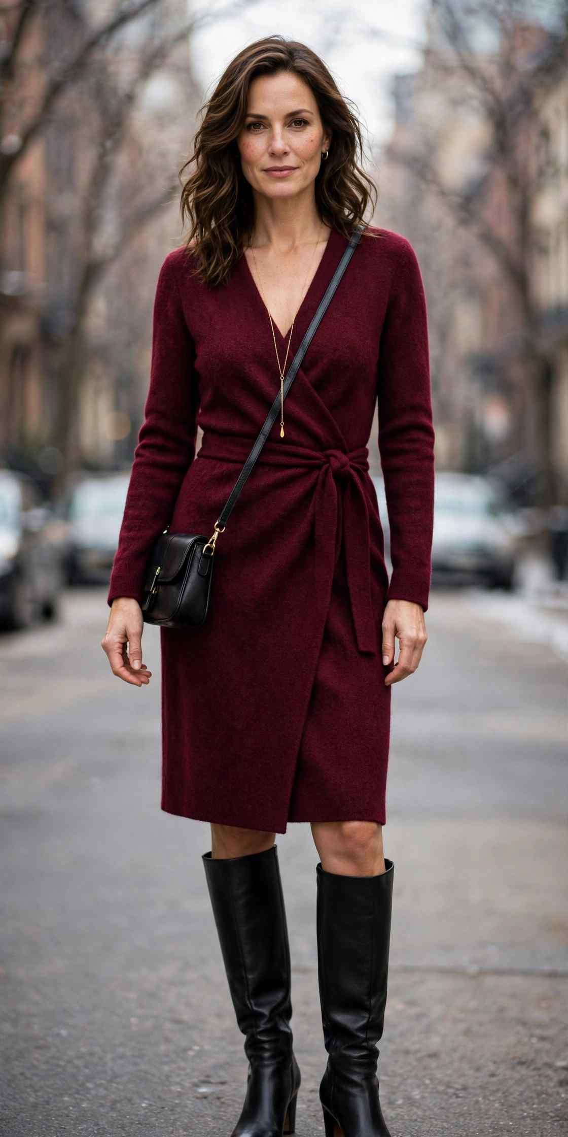 Woman in wool wrap dress with knee high boots