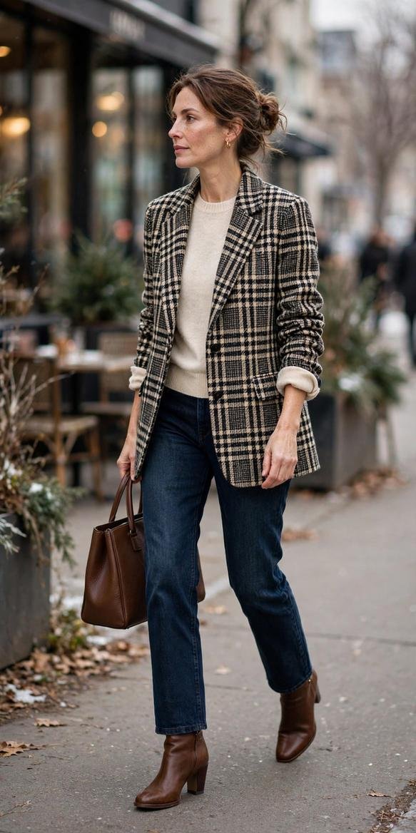 Woman in plaid wool blazer and dark jeans