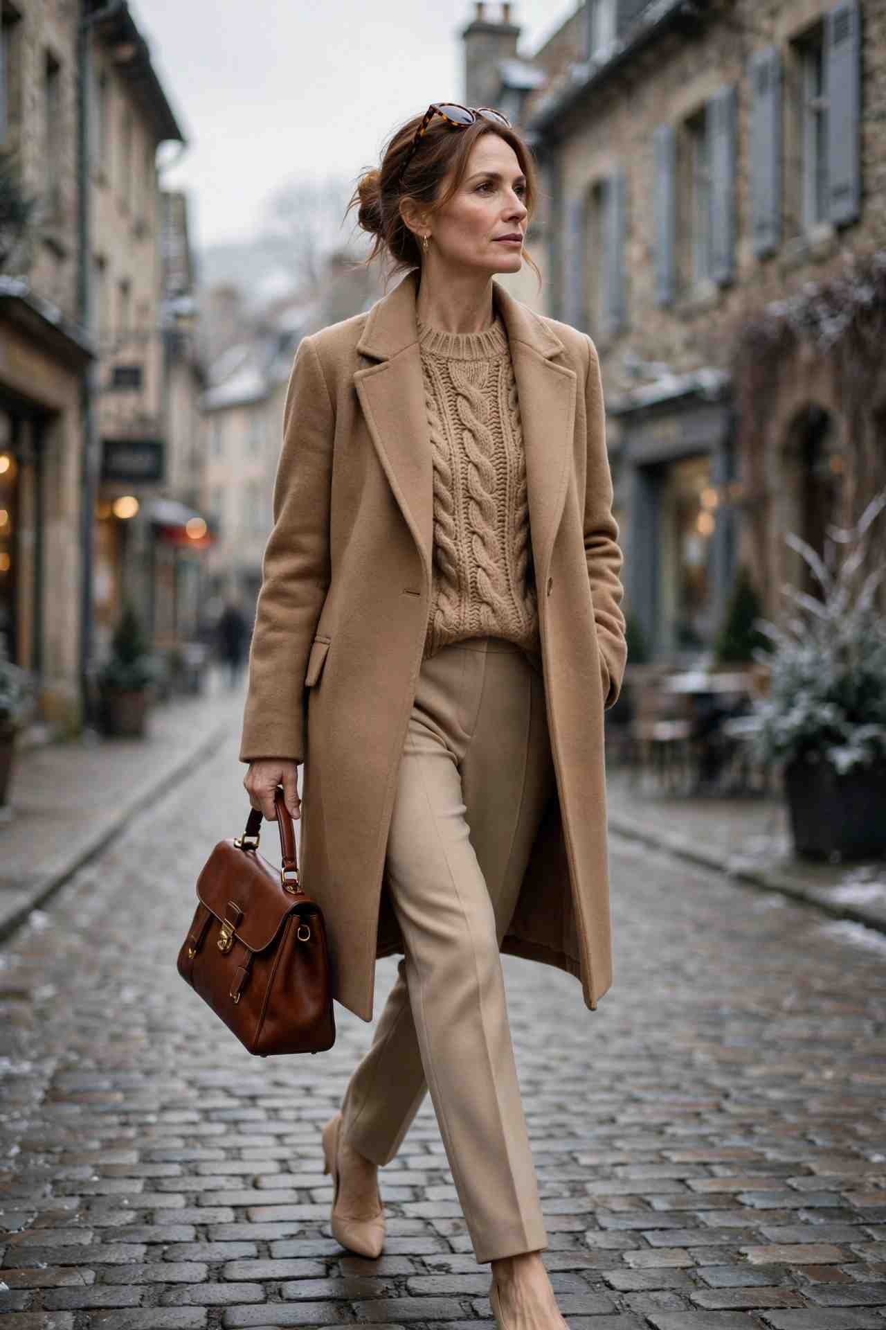 Woman in monochrome beige winter outfit