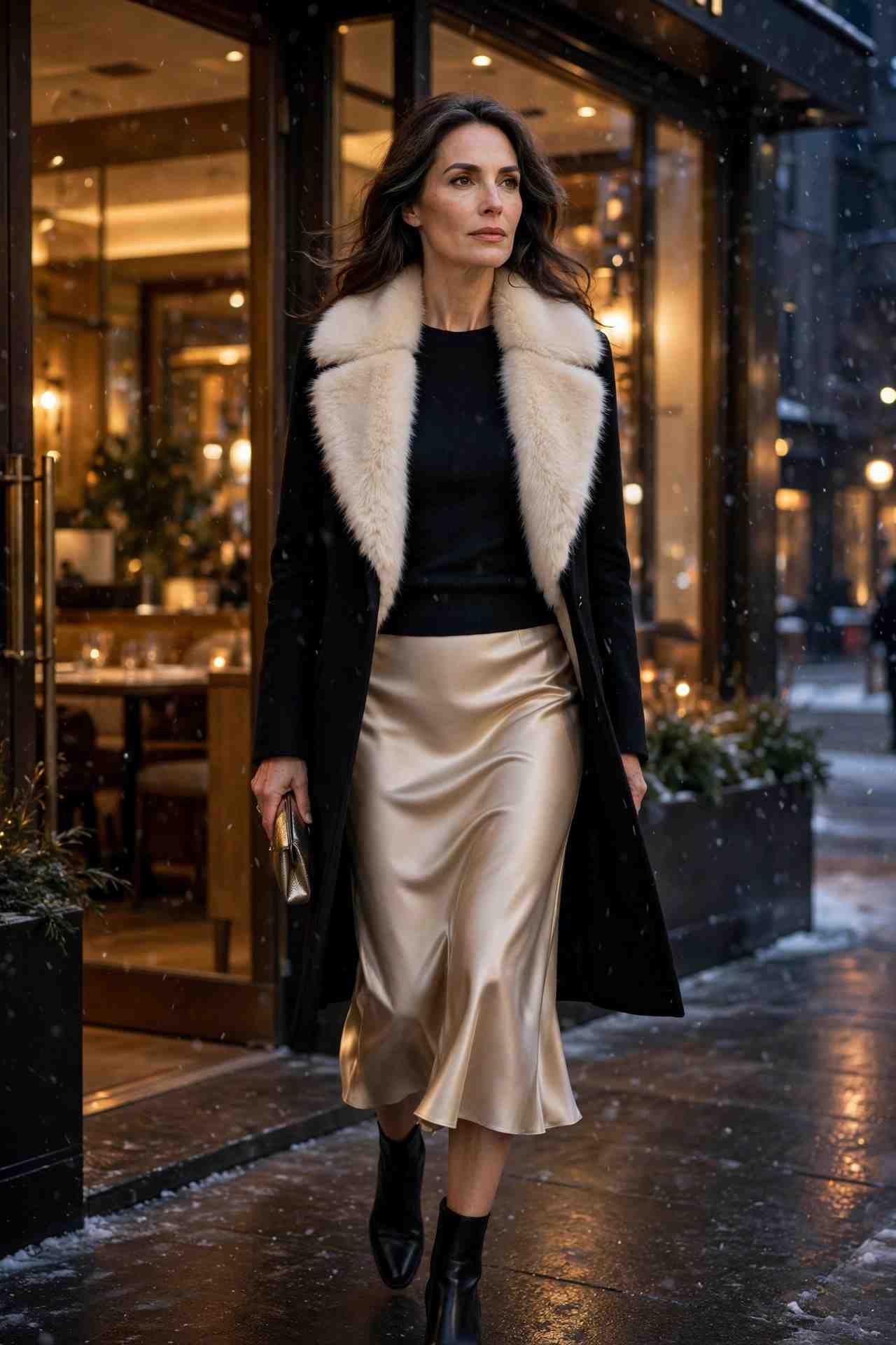 Woman in faux fur coat over satin skirt