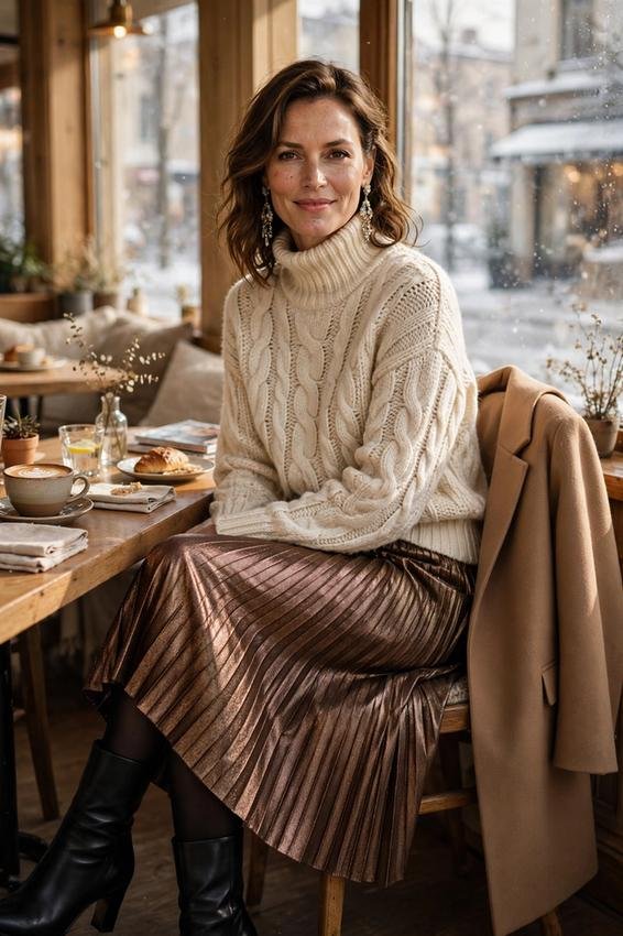Woman in chunky turtleneck sweater