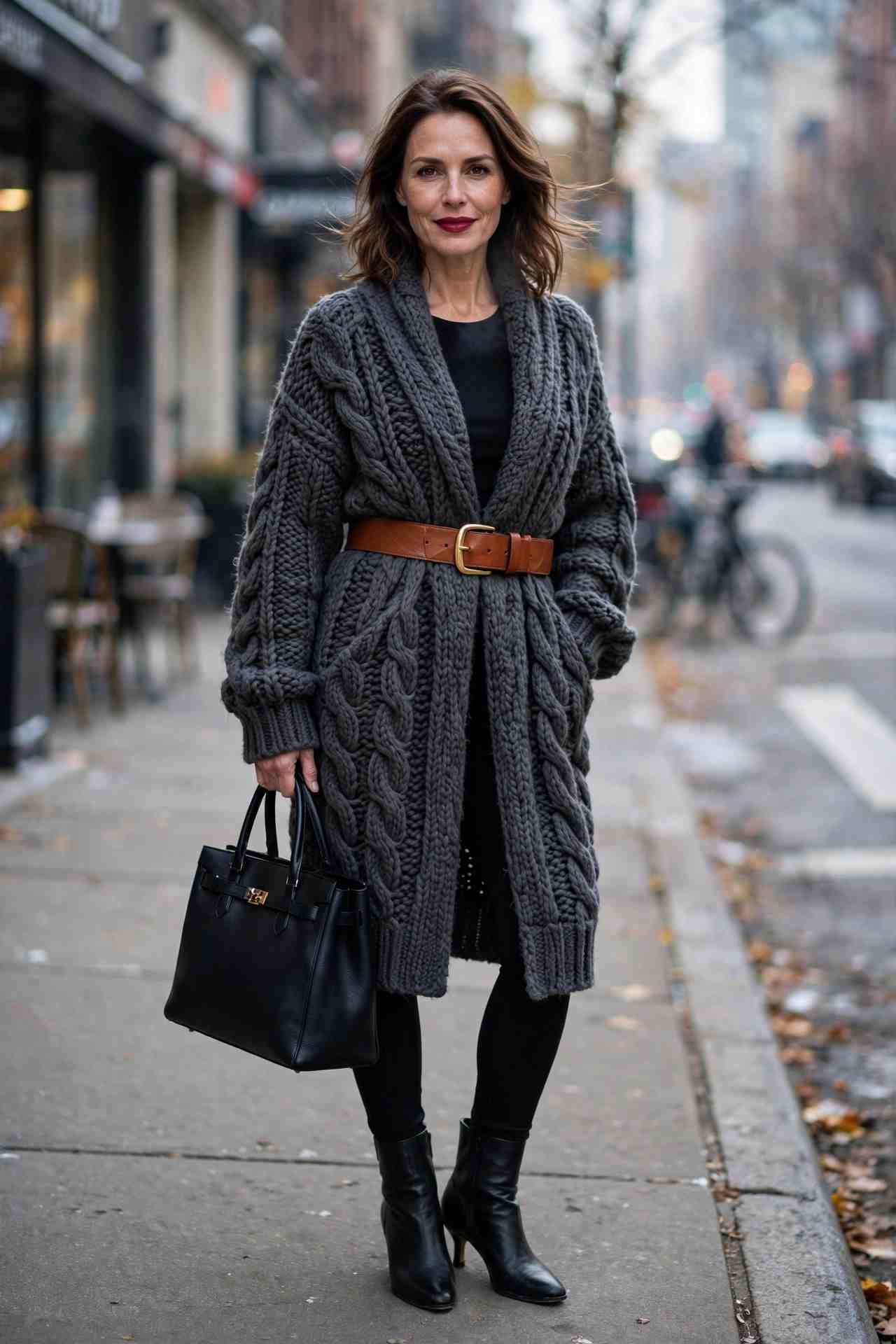 Woman in oversized cardigan with statement belt
