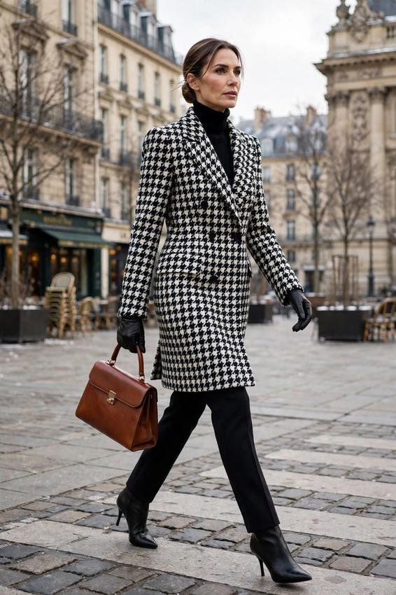 Woman in houndstooth style coat with ankle boots
