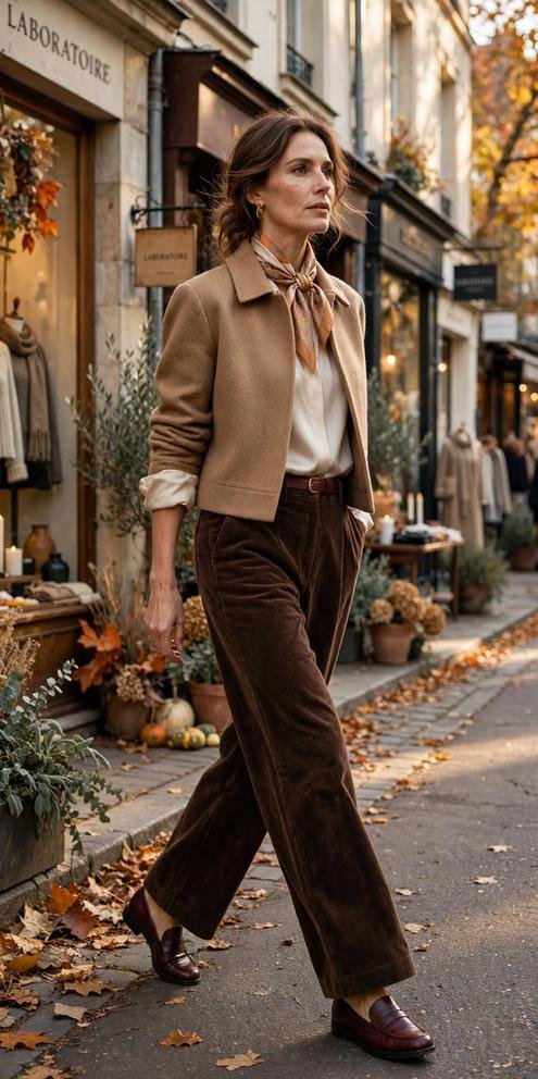 Woman in corduroy trousers and silky blouse