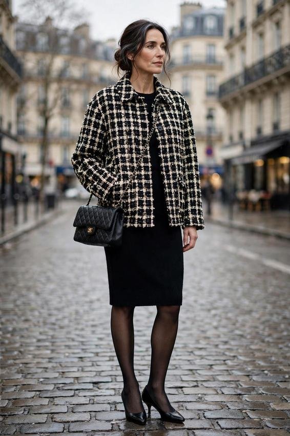 Woman in tweed jacket over black dress