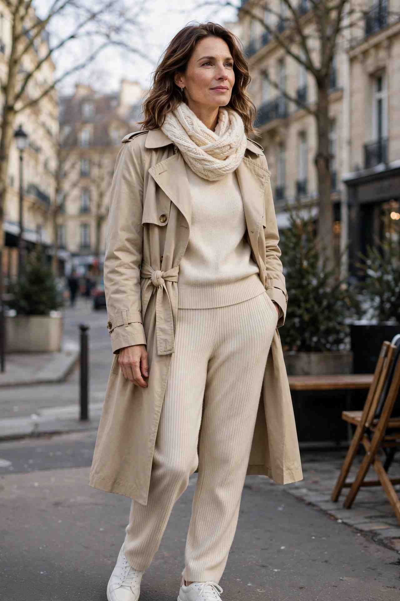 Woman in belted trench coat over knit set