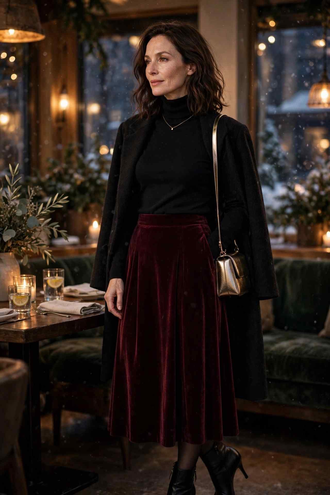 Woman in velvet midi skirt and turtleneck