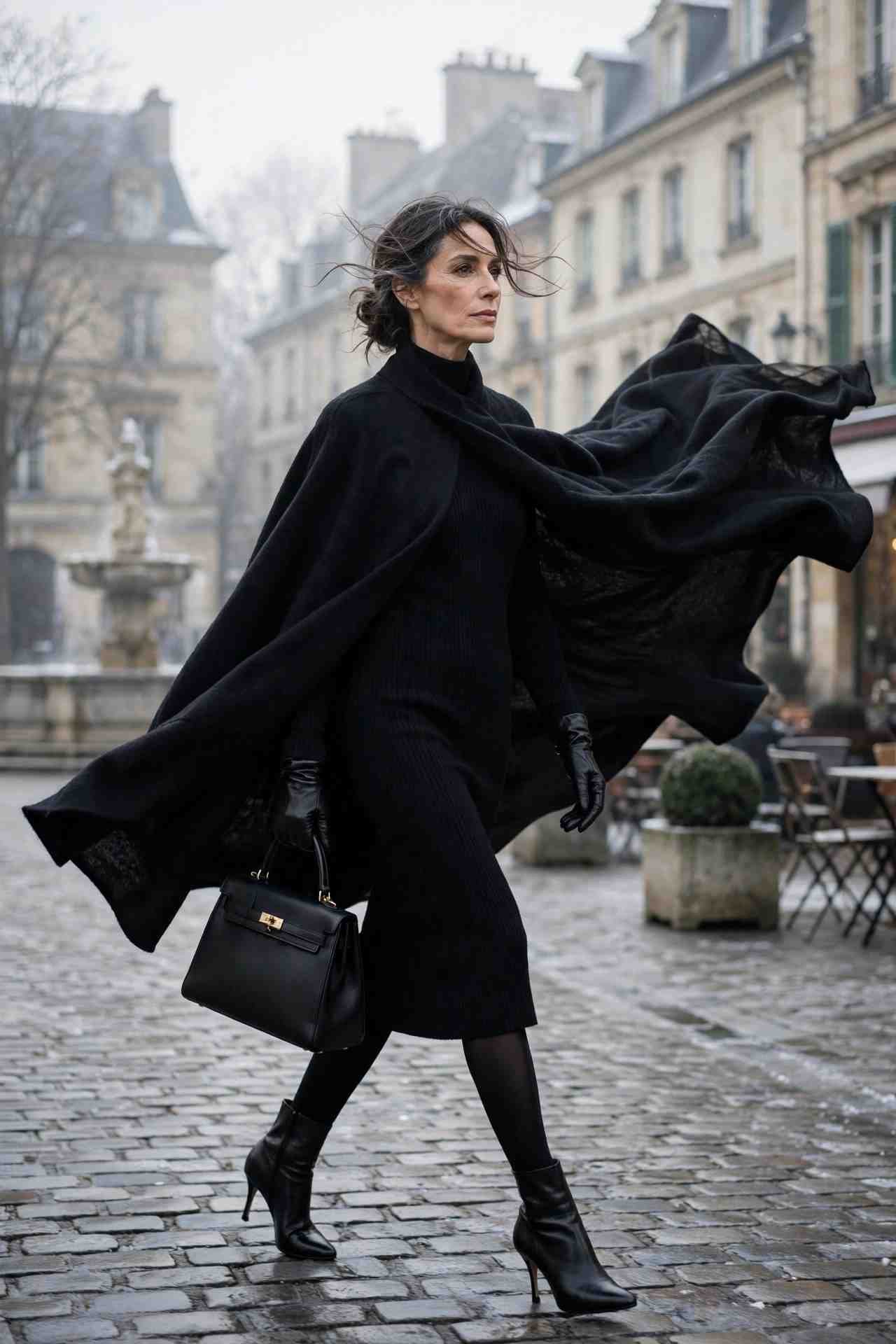Woman in wool cape over column dress