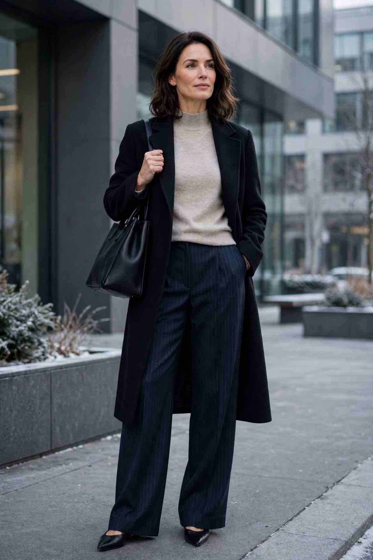 Woman in mock neck sweater and wide leg trousers